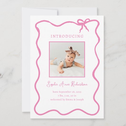 ピンク図解入りの、写真付きののボフランスのウ | ベビー誕生 案内状