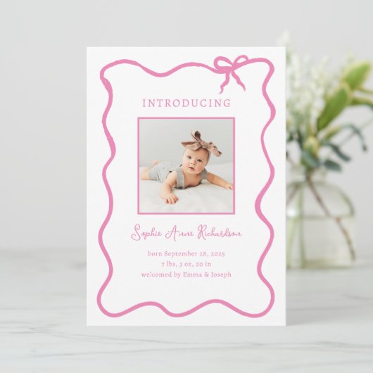 ピンク図解入りの、写真付きののボフランスのウ | ベビー誕生 案内状 (スタンド正面)