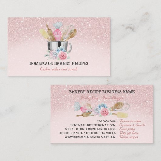 ピンク図解入りの、写真付きのの光沢ベーカリー 名刺 (正面/裏面)