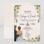 ピンク図解入りの、写真付きの結婚式招待状 招待状 (正面/裏面)