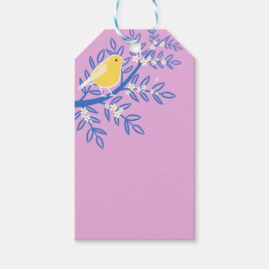 ピンク図解入りの、写真付きの色の背景に黄色の鳥 ギフトタグ (正面)