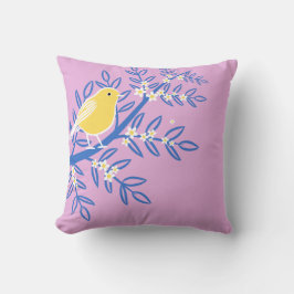ピンク図解入りの、写真付きの色の背景に黄色の鳥 クッション