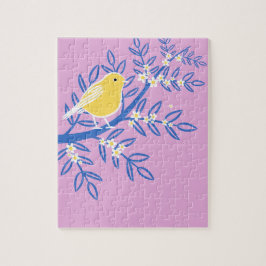 ピンク図解入りの、写真付きの色の背景に黄色の鳥 ジグソーパズル