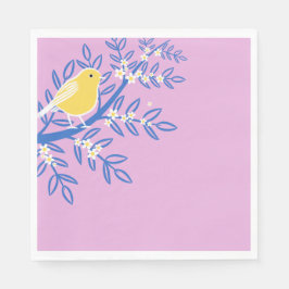 ピンク図解入りの、写真付きの色の背景に黄色の鳥 スタンダードランチョンナプキン