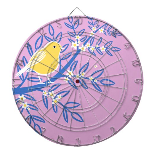 ピンク図解入りの、写真付きの色の背景に黄色の鳥 ダーツボード (正面)