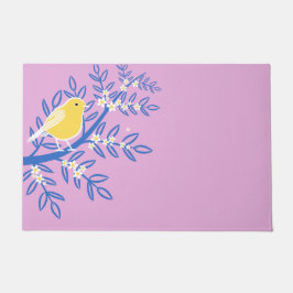 ピンク図解入りの、写真付きの色の背景に黄色の鳥 ドアマット