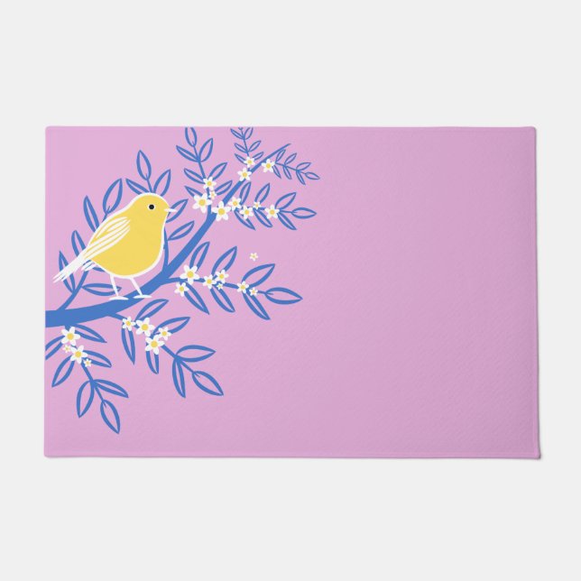 ピンク図解入りの、写真付きの色の背景に黄色の鳥 ドアマット (正面)