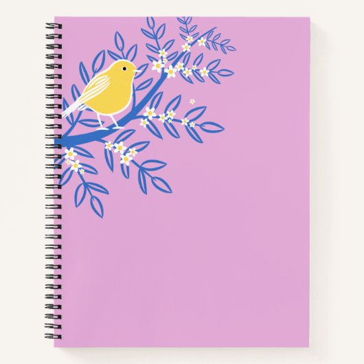 ピンク図解入りの、写真付きの色の背景に黄色の鳥 ノートブック (正面)