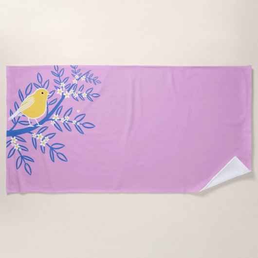 ピンク図解入りの、写真付きの色の背景に黄色の鳥 ビーチタオル (正面)
