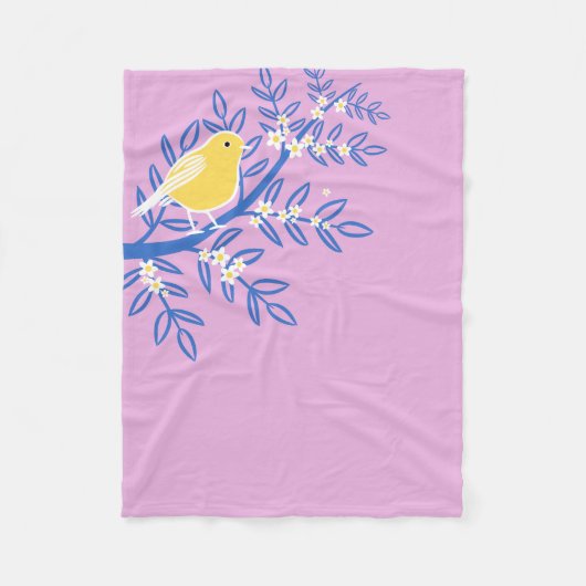 ピンク図解入りの、写真付きの色の背景に黄色の鳥 フリースブランケット (正面)