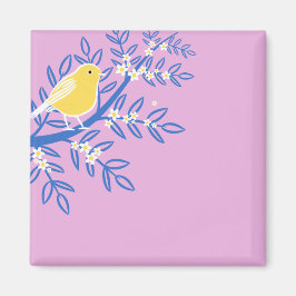 ピンク図解入りの、写真付きの色の背景に黄色の鳥 マグネット