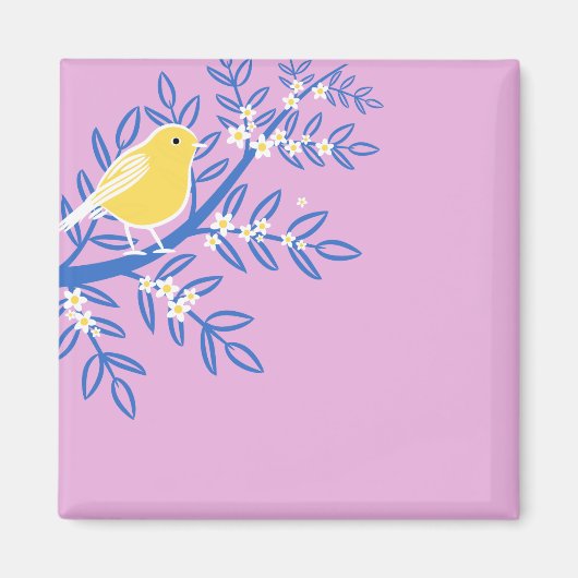 ピンク図解入りの、写真付きの色の背景に黄色の鳥 マグネット (正面)