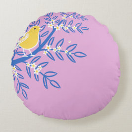 ピンク図解入りの、写真付きの色の背景に黄色の鳥 ラウンドクッション