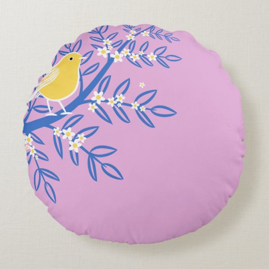 ピンク図解入りの、写真付きの色の背景に黄色の鳥 ラウンドクッション (正面)