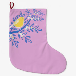 ピンク図解入りの、写真付きの色の背景に黄色の鳥 ラージクリスマスストッキング