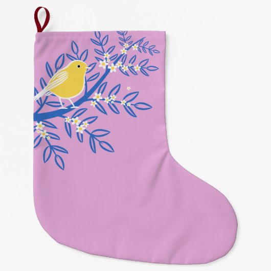 ピンク図解入りの、写真付きの色の背景に黄色の鳥 ラージクリスマスストッキング (正面)
