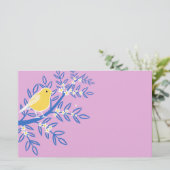 ピンク図解入りの、写真付きの色の背景に黄色の鳥 便箋 (スタンド正面)