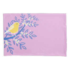 ピンク図解入りの、写真付きの色の背景に黄色の鳥 枕カバー