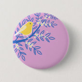 ピンク図解入りの、写真付きの色の背景に黄色の鳥 缶バッジ (正面)