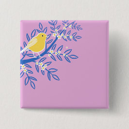 ピンク図解入りの、写真付きの色の背景に黄色の鳥 缶バッジ