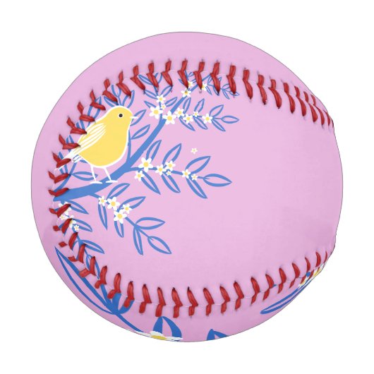 ピンク図解入りの、写真付きの色の背景に黄色の鳥 野球ボール (正面左)