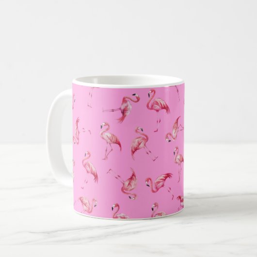 ピンク地に水彩フラミンゴを散りばめて コーヒーマグカップ (正面左)