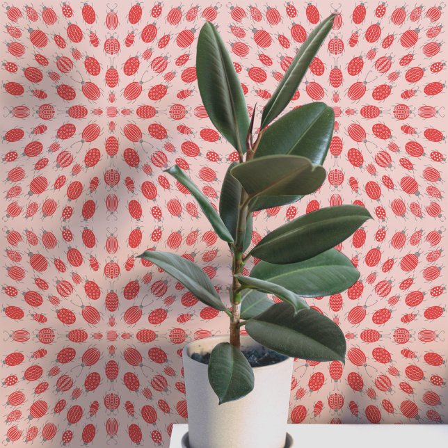 ピンク地に赤い虫と甲虫の模様 壁紙 (Fun bugs and beetles insect pattern art peel and stick wallpaper)
