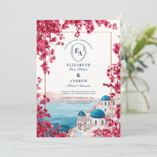 ピンク地中海のの花が咲き乱れ結婚る 招待状 (スタンド正面)
