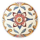 ピンク地中海のイエローブルー花フローラ セラミックノブ (正面)