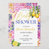 ピンク地中海のレモンタイタリアンイルズベビーシャワー 招待状 (正面/裏面)