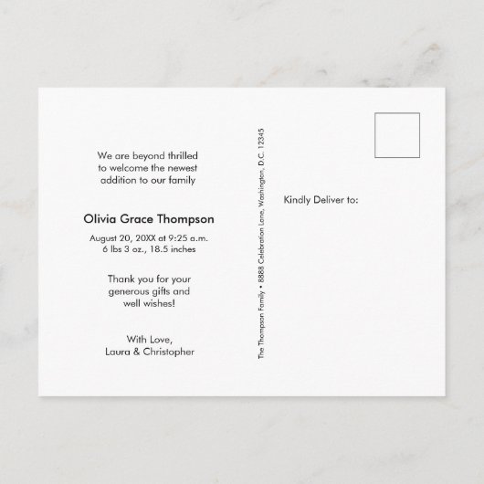 "ピンク大切：ベビーガール出産発表後 案内ポストカード (裏面)