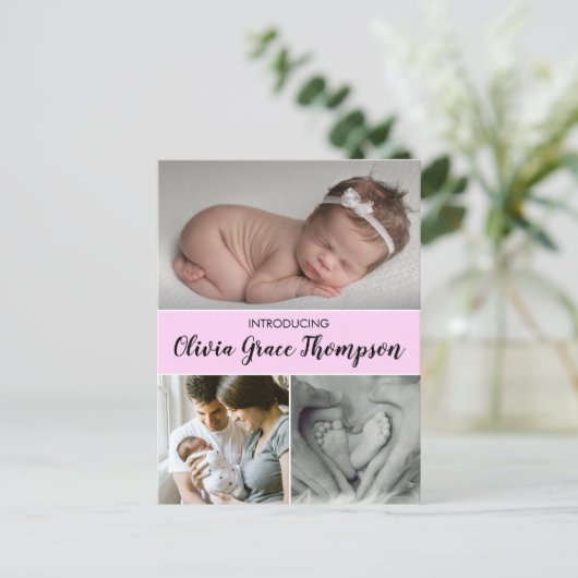 "ピンク大切：ベビーガール出産発表後 案内ポストカード (スタンド正面)