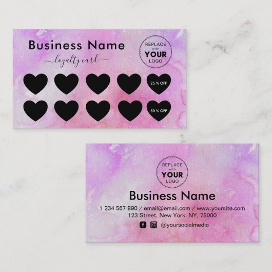 ピンク大理石あなたのロゴ割引を追加ミニマルガーリー ロイヤリティカード (正面/裏面)