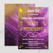 ピンク大理石とゴールドのストリーマー ハッピーリタイアメント 招待状 (正面/裏面)