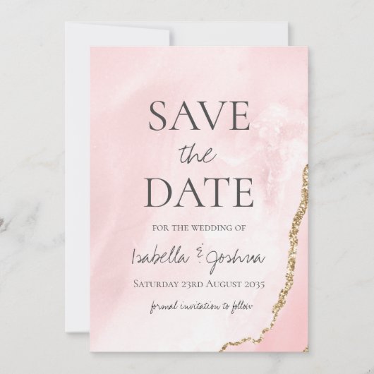 ピンク大理石とローズゴールドのグリッターSave the Date (正面)