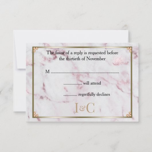 ピンク大理石と黄金の結婚真珠 出欠カード (裏面)