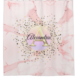 ピンク大理石の斑点モノグラムパーソナライズされた シャワーカーテン