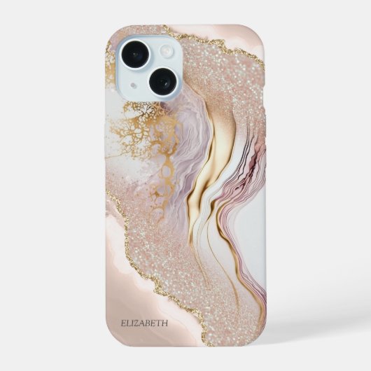 ピンク大理石ゴールドラメ iPhone 15ケース (裏面)