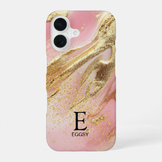 ピンク大理石シックゴールドラメモノグラム iPhone 16ケース