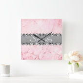 ピンク大理石ダイヤきらきら光るモンド            スクエア壁時計 (ホーム)