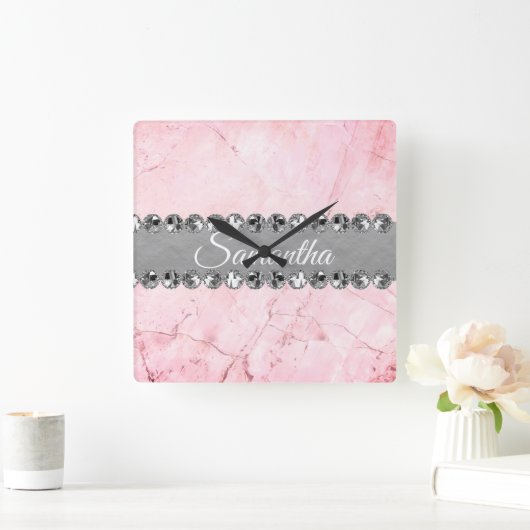 ピンク大理石ダイヤきらきら光るモンド            スクエア壁時計 (ホーム)