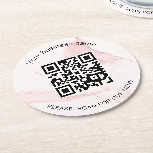 ピンク大理石ビジネスバーレストランメニューqrコード ラウンドペーパーコースター (アングル)