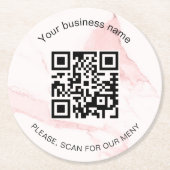 ピンク大理石ビジネスバーレストランメニューqrコード ラウンドペーパーコースター (正面)