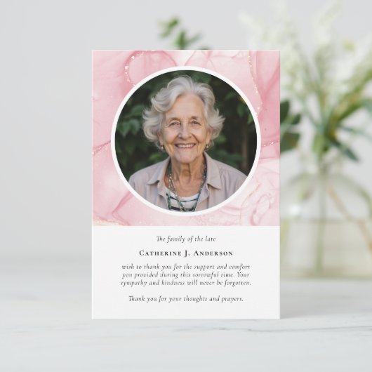 ピンク大理石フォト悔やみや弔慰メモリアル葬儀 サンキューカード (スタンド正面)