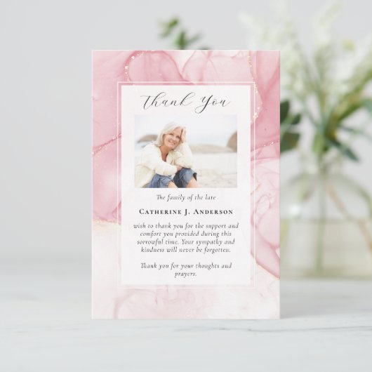 ピンク大理石フォト悔やみや弔慰葬儀記念館 サンキューカード (スタンド正面)