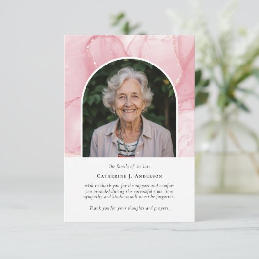 ピンク大理石フォト悔やみや弔慰葬儀記念館 サンキューカード (スタンド正面)