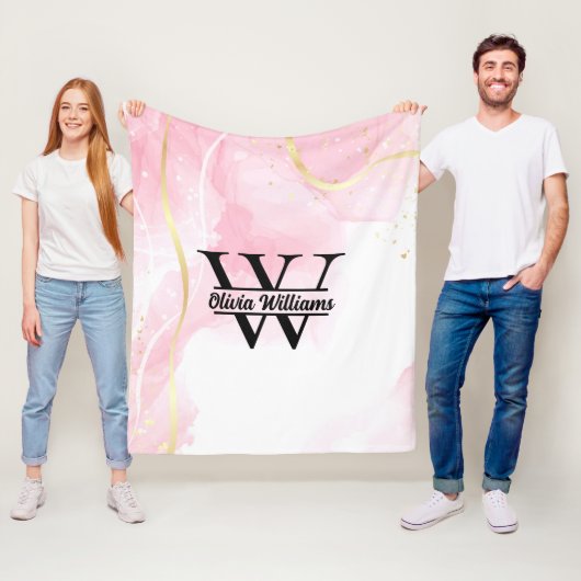 ピンク大理石モノグラム | ガーリーモダン金ゴールドグリッター フリースブランケット (インサイチュ)