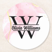 ピンク大理石モノグラム | ガーリーモダン金ゴールドグリッター ラウンドペーパーコースター (正面)