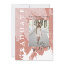 ピンク大理石写真卒業お知らせカード