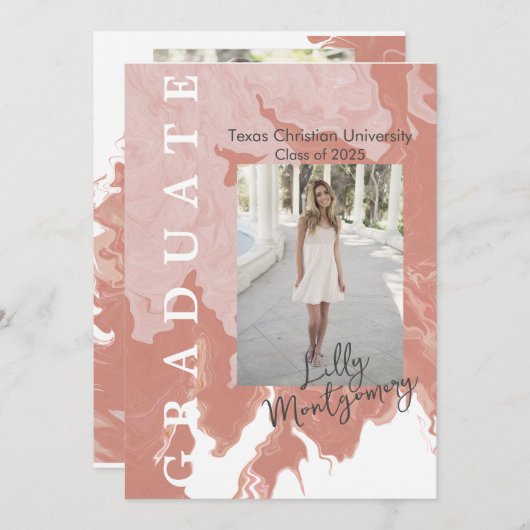 ピンク大理石写真卒業発表カード 招待状 (正面/裏面)
